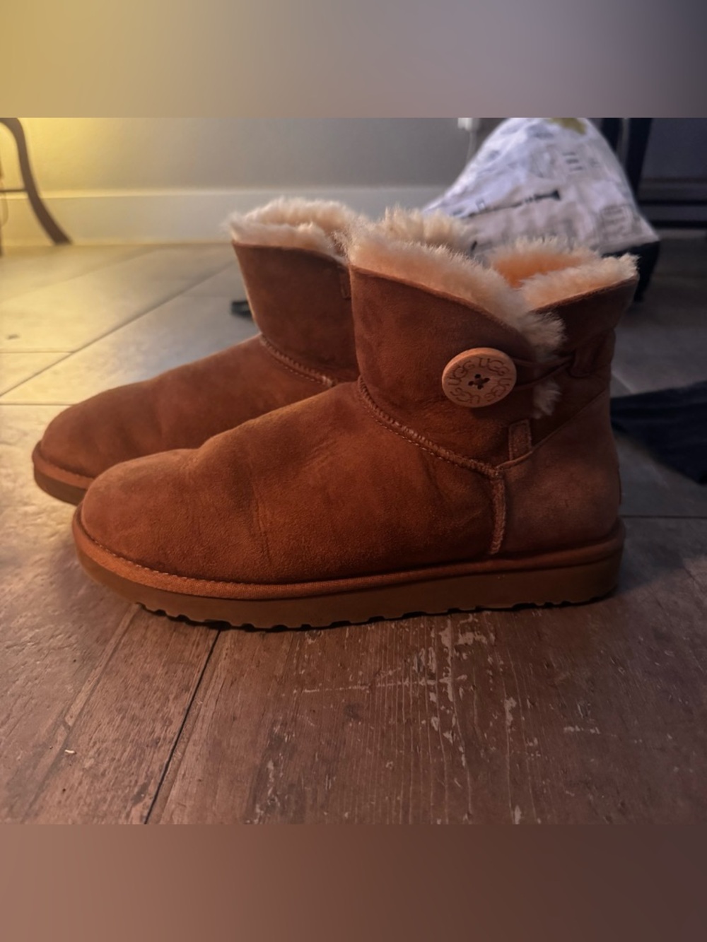 UGG Chestnut Suede Shearling Button Short Boots